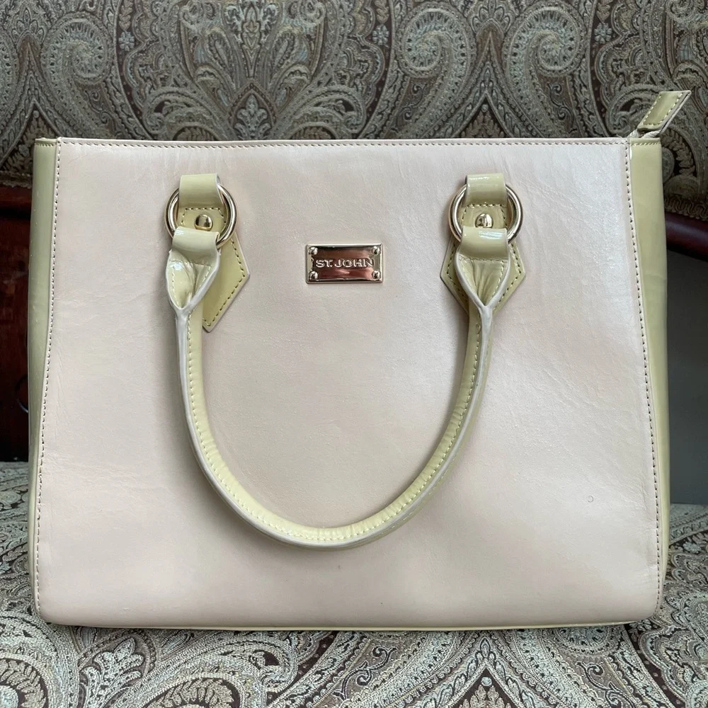 St. John Leather Tan & Blush Color Block Top Handle Zip Top Satchel